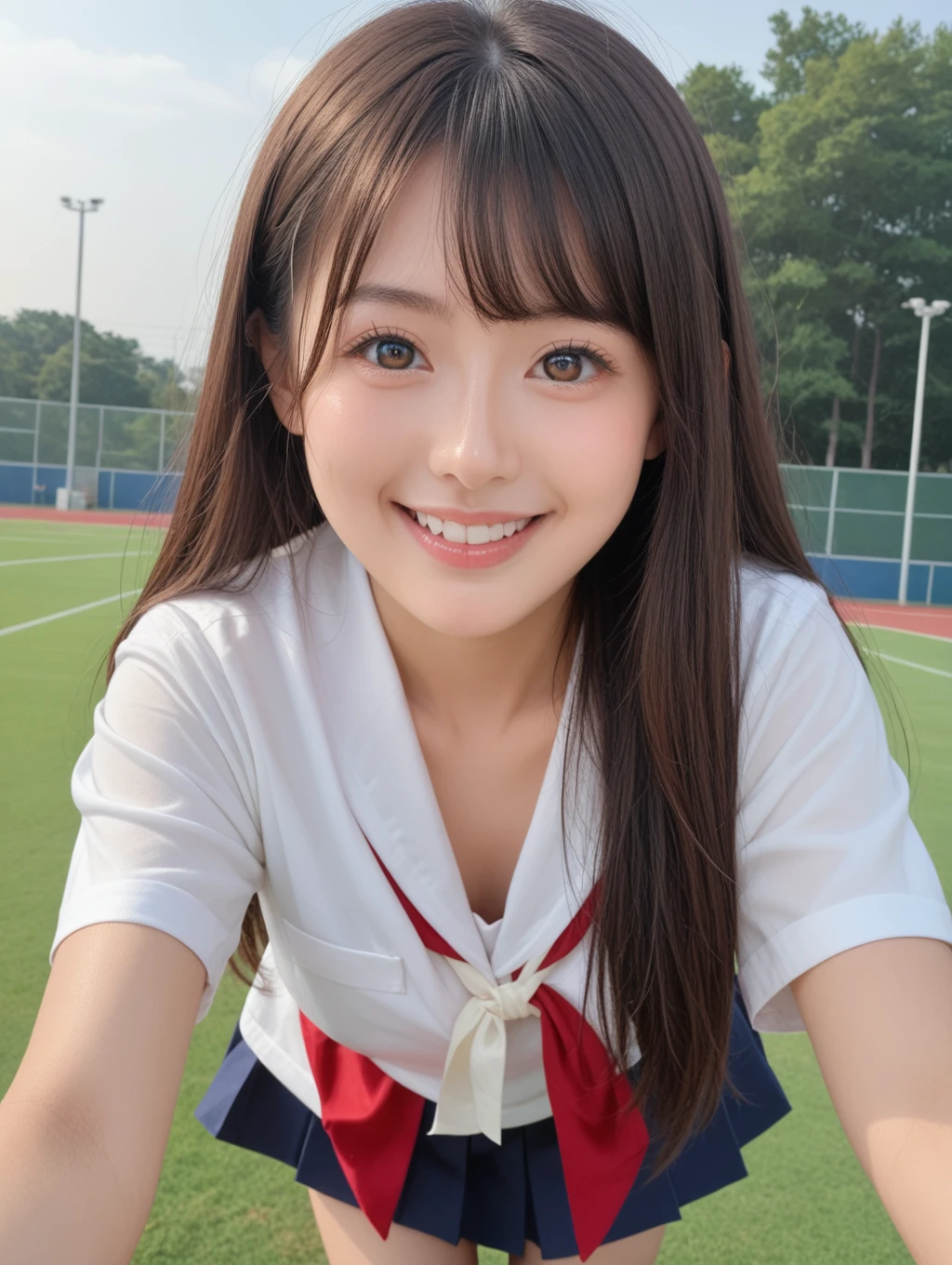 score_9, score_8_up, score_7_up, score_6_up, score_5_up, score_4_up, rating_explicit, ((masterpiece), (high resolution 8K)), professional photo of a Japanese girl, late teenage, hyper cute face, big eyes, brown eyes, long eyelashes, small nose, full lips, jumping, thigh focus, from front, , serafuku, long hair, brown hair, smile, looking at viewer, high school athletic field, daytime, stunning face, symmetrical clear eyes, detailed eyes and face, detailed body, shiny skin, detailed skin