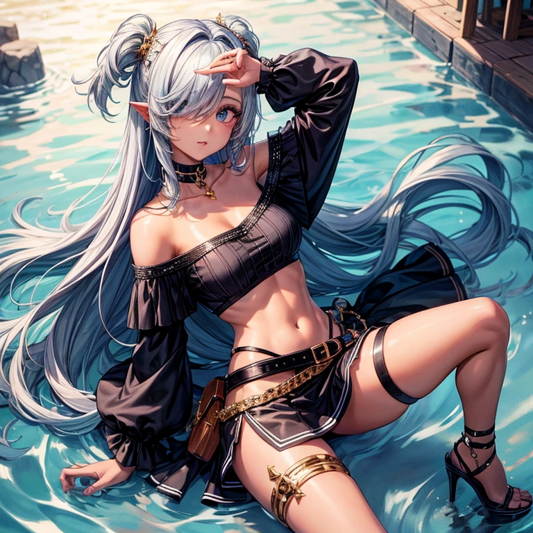 hair covering one eye,off-shoulder,mini skirt,choker,armlet,belt,legbelt,high heels,tan skin,