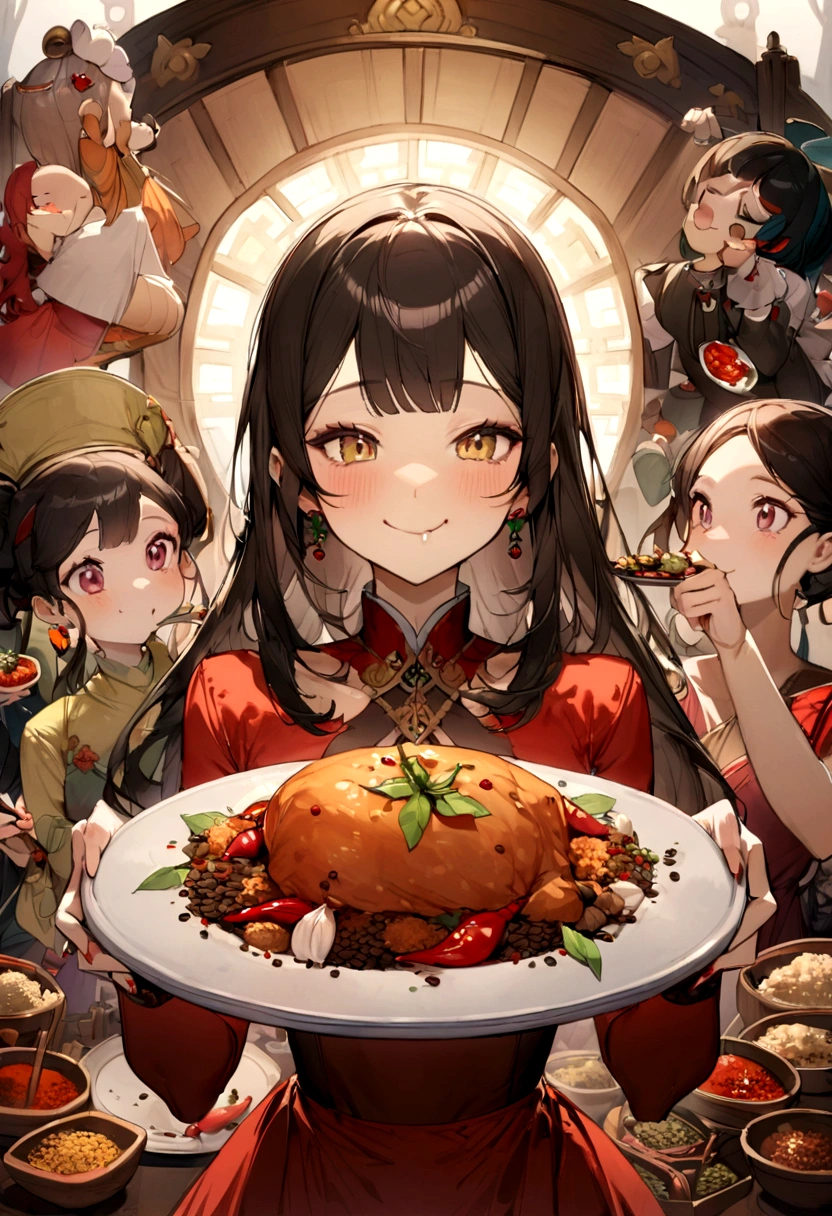 Chili pepper、spices、woman、smile、eating、Spices is in the middle of the image、very skinny female、cute、Korean、Asian Girl、beautiful girl、Lifting the spices、It's like lining up faces next to a plate of spices.
