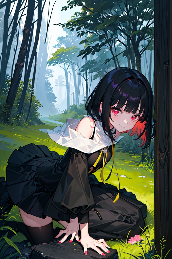 ((forest background)),original,(illustration:1.1),(best quality),(masterpiece:1.1),(extremely detailed CG unity 8k wallpaper:1.1), (colorful:0.9),(mid shot:0.95),(highly detailed beautiful face and body),(solo:1.2), (girl),(), (detailed beautiful eyes:1.15), (beautiful face:1.15), (glowing red eyes:1.25////),((jewel-like eyes)),(petite),(cute girl),(((black medium hair))),pink inner color,((blunt bangs,)),(+perfect hand+:1.21),(Religious),(slender),(black clothes),small breasts,miniskirt,slim body,(smile),fashion,tokyo,harajuku,(black school uniform),deep forest background,
