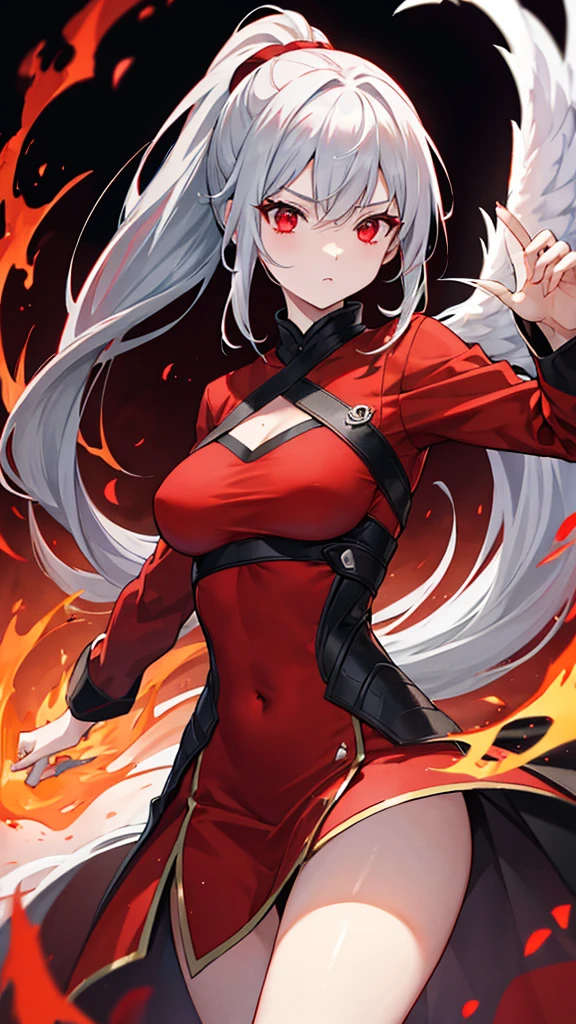 Gray Hair、Long Ponytail、Sharp Eyes、Red eyes、Dark red dress、Phoenix、flame、Burning place、4K、high resolution、masterpiece