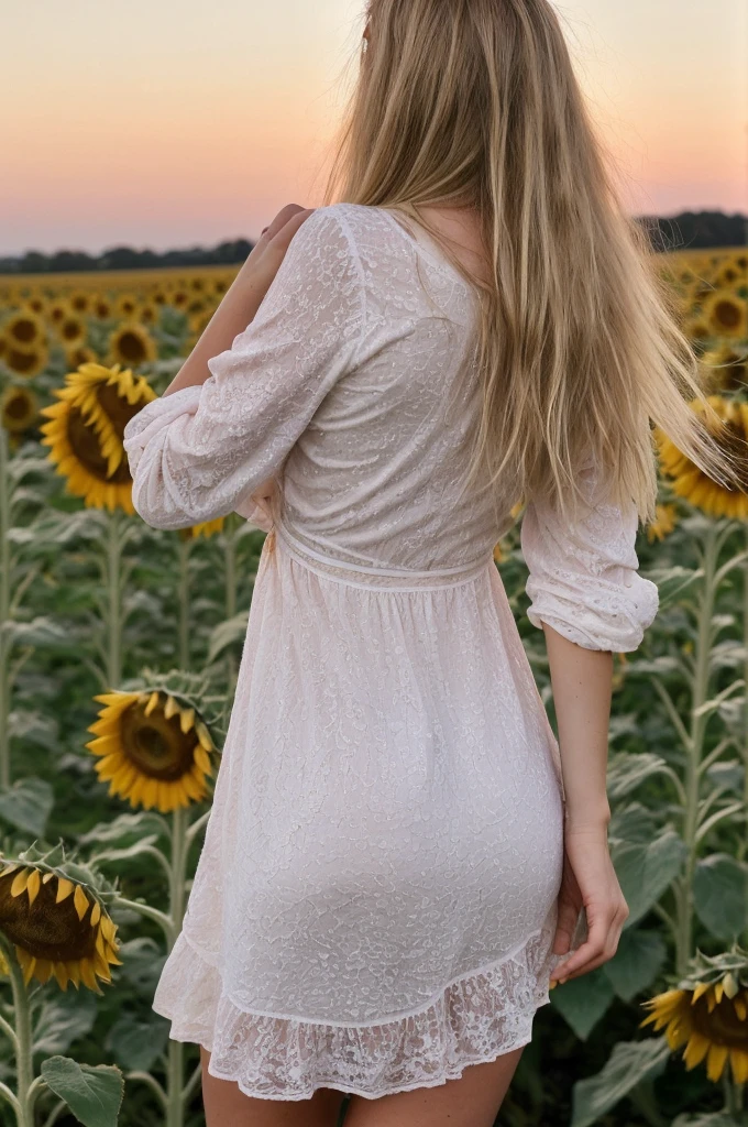 A 18-year-old blonde woman, ((hiperrealismo))textured skin, goosebumps, perfect eyes. Blonde hair with light brown roots. cabello rubio, Hair with brown roots, extra long hair, really long hair. photo taken with iPhone, Porta 160 color. Provocative pose. Skinny small girl. Sunflowers field background, but sunflowers. Wearing pretty white nightgown, wearing white nightgown, long sleeves. Back view of the body and head, as she watches the pink sunset. BACK VIEW. Pulling dress up (showing butt), bending over 