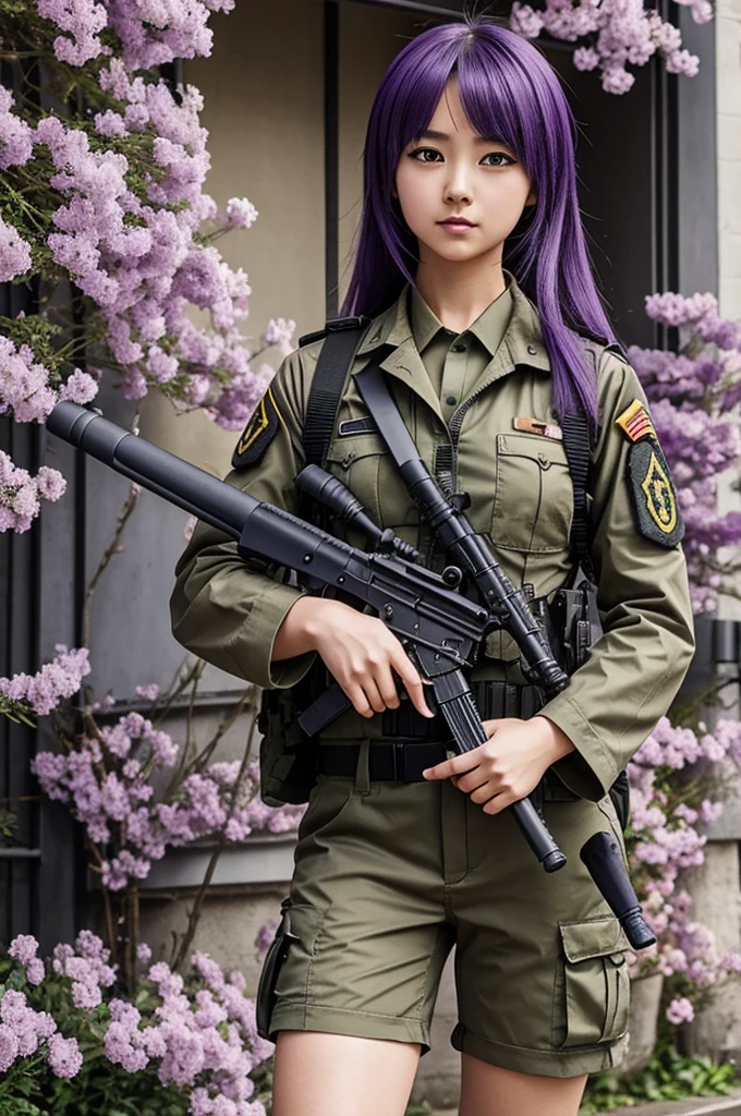 anime style girl, with military suit, in the right hand a mini uzi weapon and in the left a knife.
Behind her a cat made with purple flowers