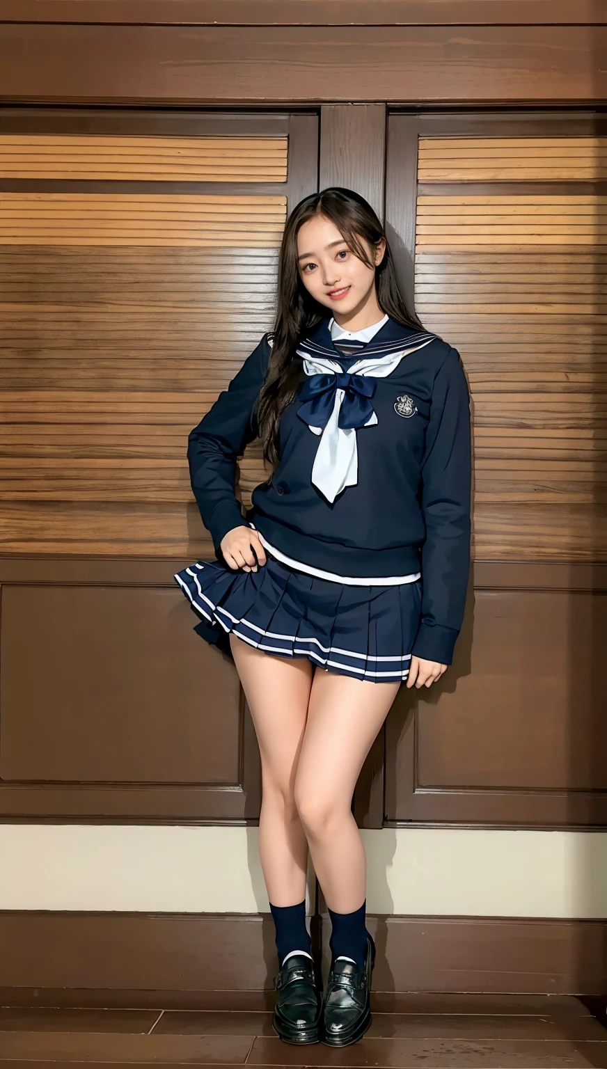 ((highest quality、8k、masterpiece:1.3)),((((fullbody shot)))),Ultra-high resolution,big eyes,Japanese,forehead,bangs,(a girl),(1 girl),((20 years old)),((facing at viewer)),(long hair),(((black sailor uniform))),(grin),((standing)),(loafers),(pleated mini skirt),(((pussy))),((skirt lift))