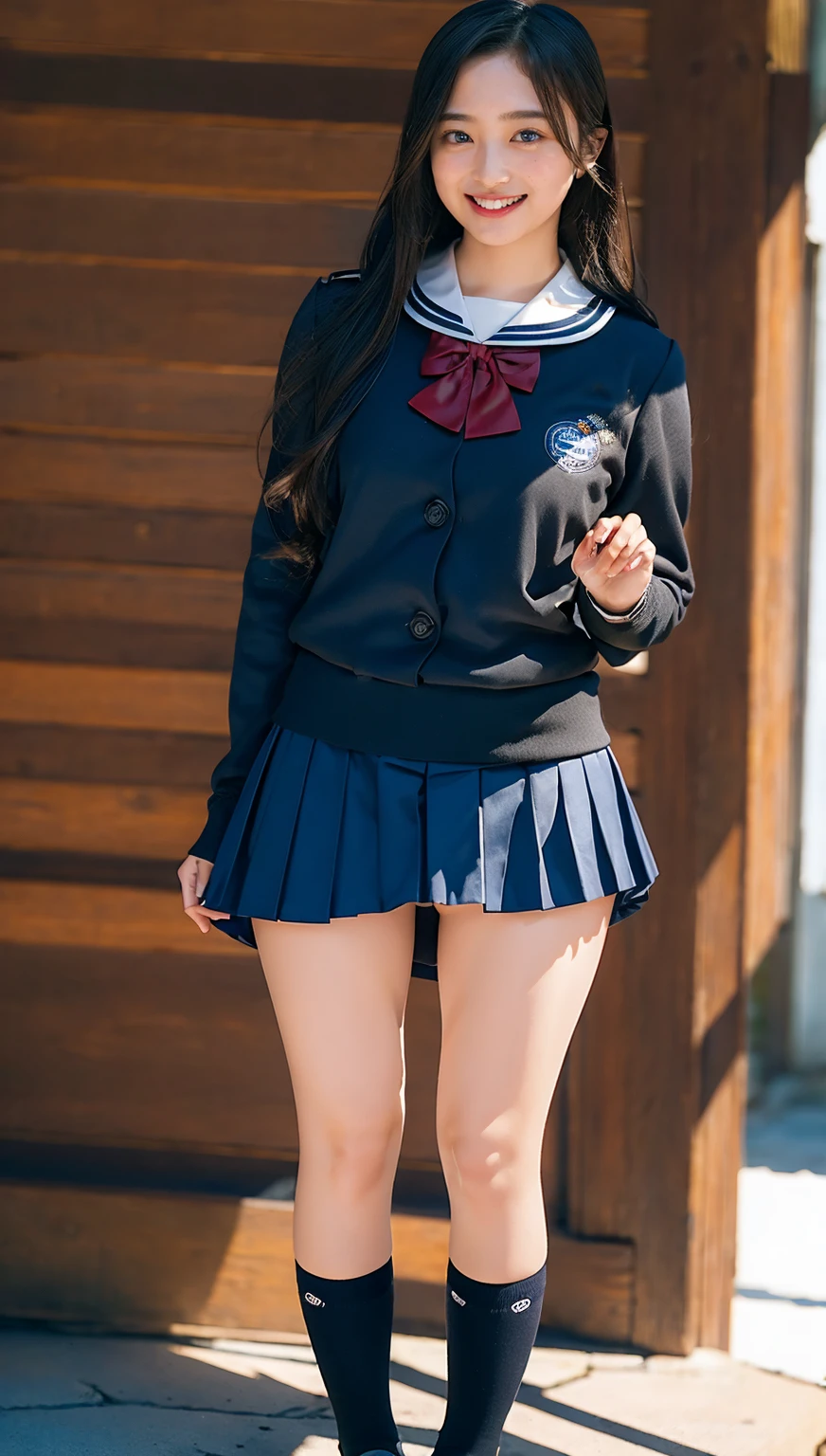 ((highest quality、8k、masterpiece:1.3)),((((fullbody shot)))),Ultra-high resolution,big eyes,Japanese,forehead,bangs,(a girl),(1 girl),((20 years old)),((facing at viewer)),(long hair),(((black sailor uniform))),(grin),((standing)),(loafers),(pleated mini skirt),(((pussy))),((skirt lift))