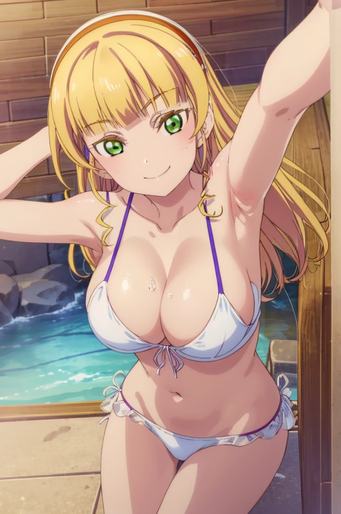 (((pixel-perfect, detail-perfect))), solo, 1girl, sumire heanna, smile, eyes green, hair blonde, sauna, bikini, armpit, big filesize, ultra High Qality