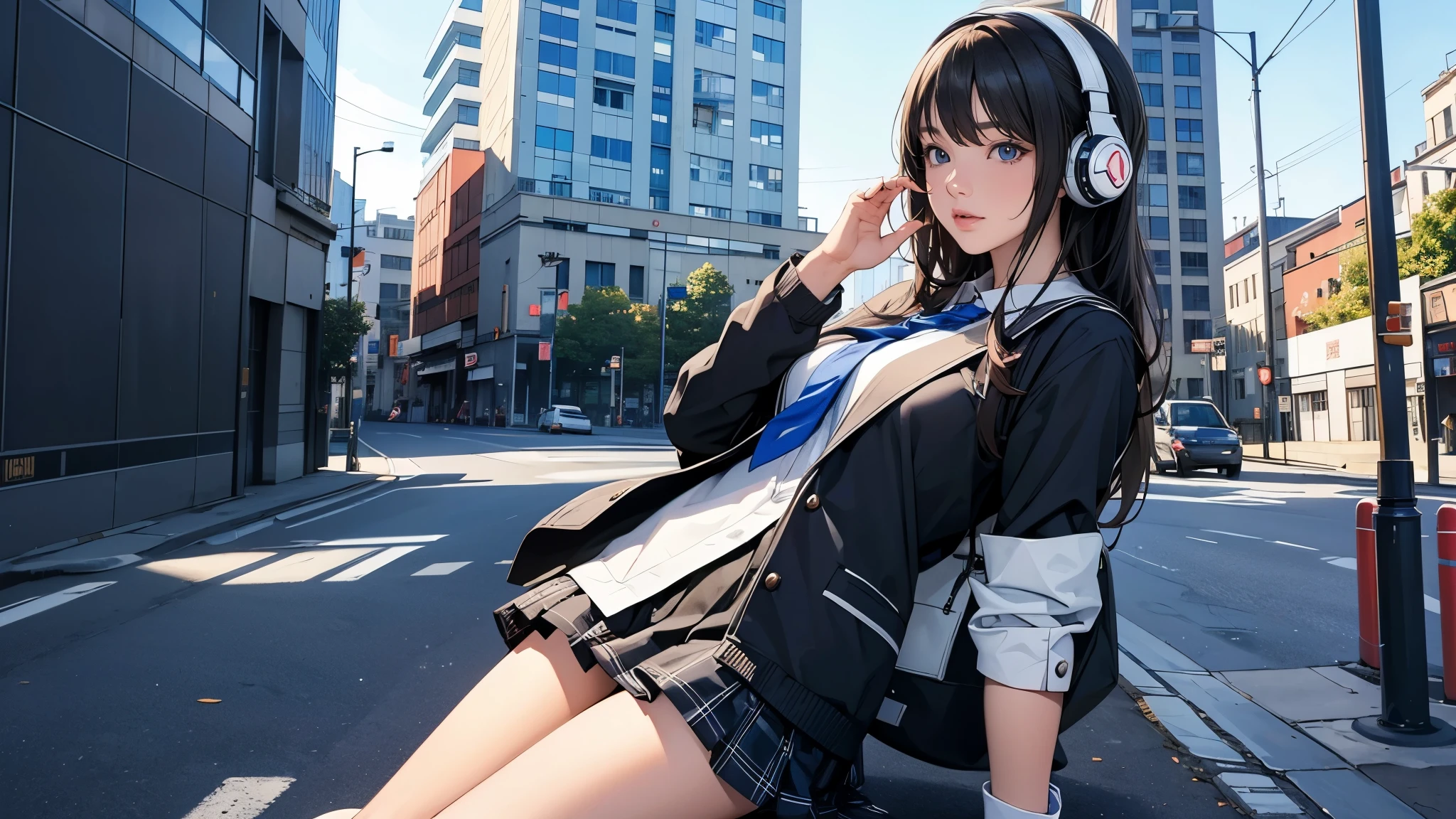 Ultra HD、super high quality、masterpiece、detailed、8K、The location is on a quiet city street、Schoolgirl１Person listening to music on headphones、15-year-old high school girl、そのロシア人で髪の毛は黒色のロング、Has blue eyes、Has a glamorous figure、The clothes she&#39;s wearing are one-piece dresses.、Pretty sexy、Lo-Fi images,The background is blurred、Nostalgic and relaxing atmosphere、At dusk、Afternoon sun、Holding an umbrella、Rainy season、downpour、A business district lined with glittering neon buildings、１woman、Anatomically correct、It&#39;s summer、Short sleeve