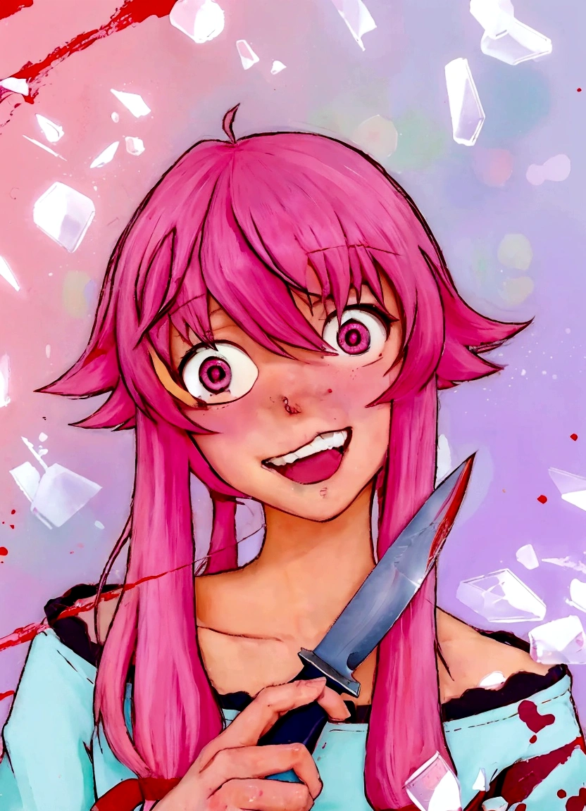 anime girl with pink hair holding a knife in her hand, gapmoe yandere, [[[[grinning evily]]]], in anime style, in an anime style, mirai nikki, anime moe artstyle, with pink hair, trigger anime artstyle, gasai yuno, gasai yuno, by Shingei, anime art style