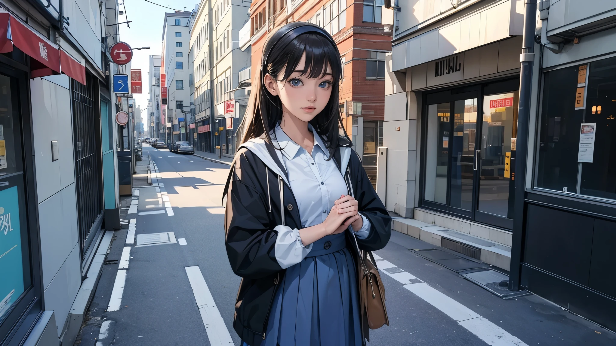 Ultra HD、super high quality、masterpiece、detailed、8K、The location is on a quiet city street、Schoolgirl1Person listening to music on headphones、15-year-old high school girl、そのロシア人で髪の毛は黒色のロング、Has blue eyes、Has a glamorous figure、The clothes she's wearing are one-piece dresses.、Pretty sexy、Lo-Fi images,The background is blurred、Nostalgic and relaxing atmosphere、At dusk、Afternoon sun、Holding an umbrella、Rainy season、downpour、A business district lined with glittering neon buildings、1woman、Anatomically correct、It's summer、Short sleeve