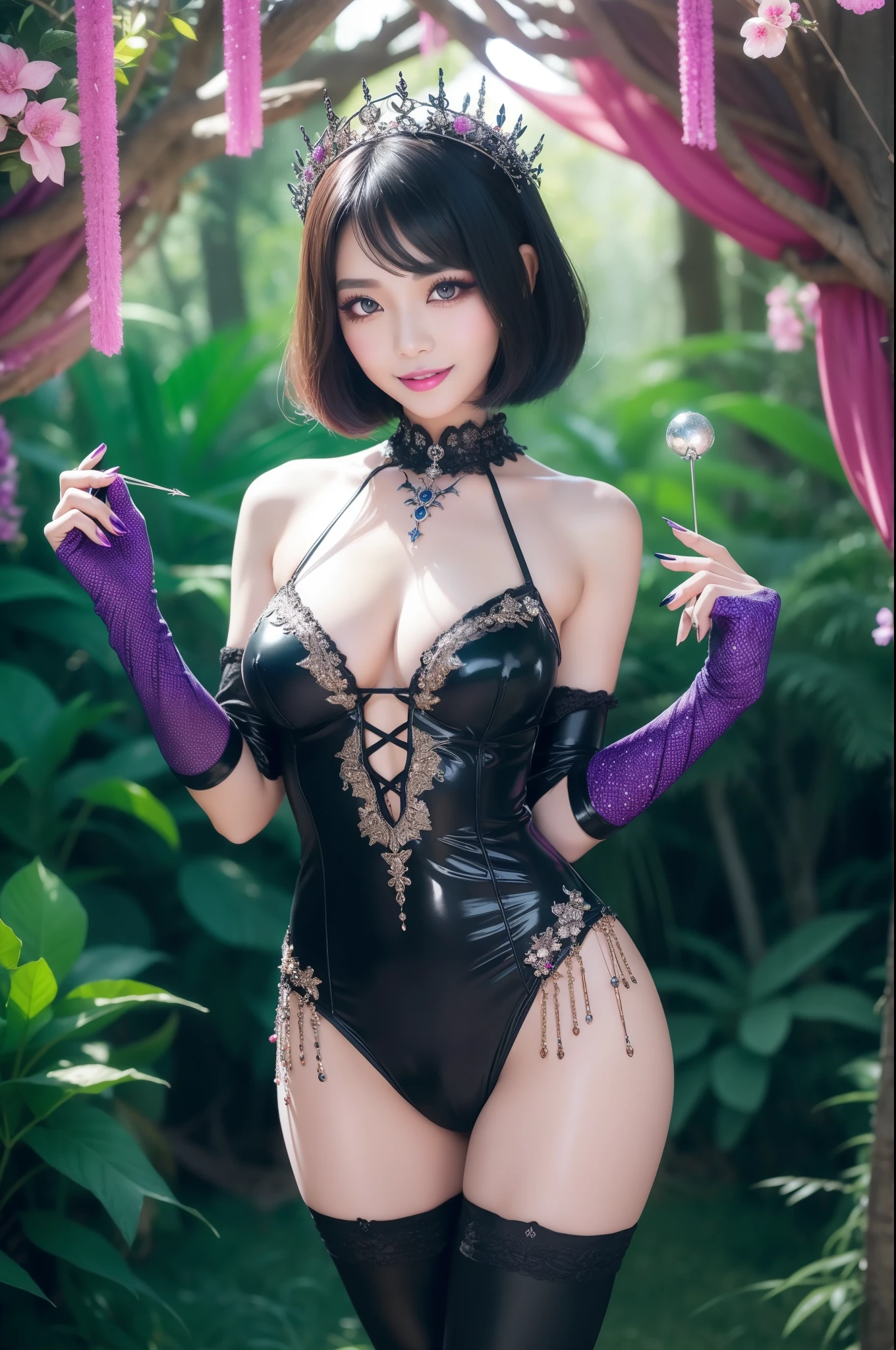 sexy Thai model who controls poison、beautiful smile、lipgloss、long lashes、eyeliner、gothic makeup、defined eyebrows、look at the camera、full body Esbian、、sparkling poisoned enchanted flower costume、、、、shiny sparkling colorful short hair、secrete poison、skull hair accessories、sexy tights、shiny sparkling dark magic forest background