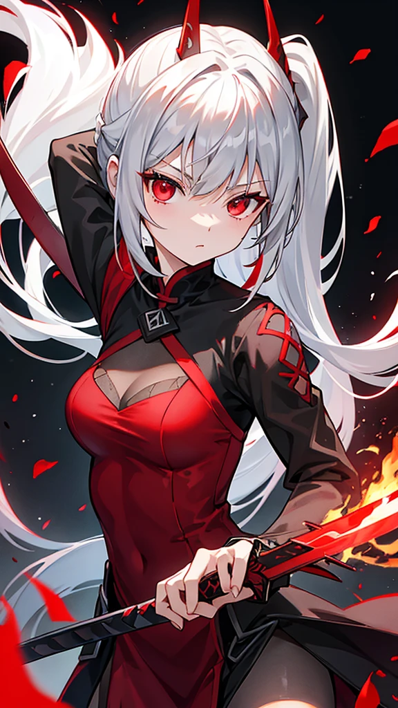 Gray Hair、Long Ponytail、Sharp Eyes、Red eyes、Dark red dress、One-handed sword、flame、Burning place、4K、high resolution、masterpiece