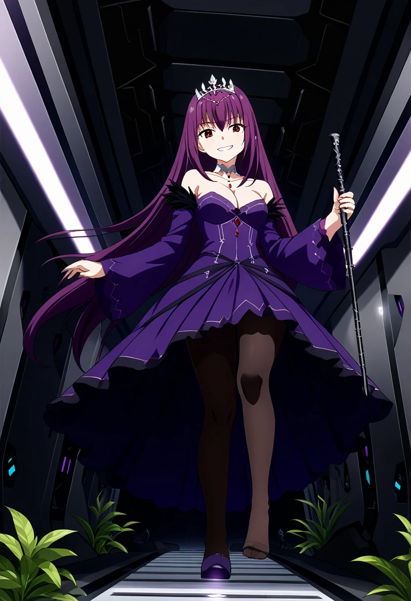 One girl, Long Hair, Purple Hair, Red eyes, Purple Dress, Silver Tiara, Detachable collar, Bare shoulders, Long sleeve, Wide sleeves, Cleavage, Feather ornament, pantyhose, Holding a walking stick, Stepped on, From below, throw, Wicked Smile, Inside the spaceship, White wall, plant, score_9, score_8_superior, score_7_superior, score_6_superior, score_5_superior, score_4_superior, Break Source_anime, masterpiece