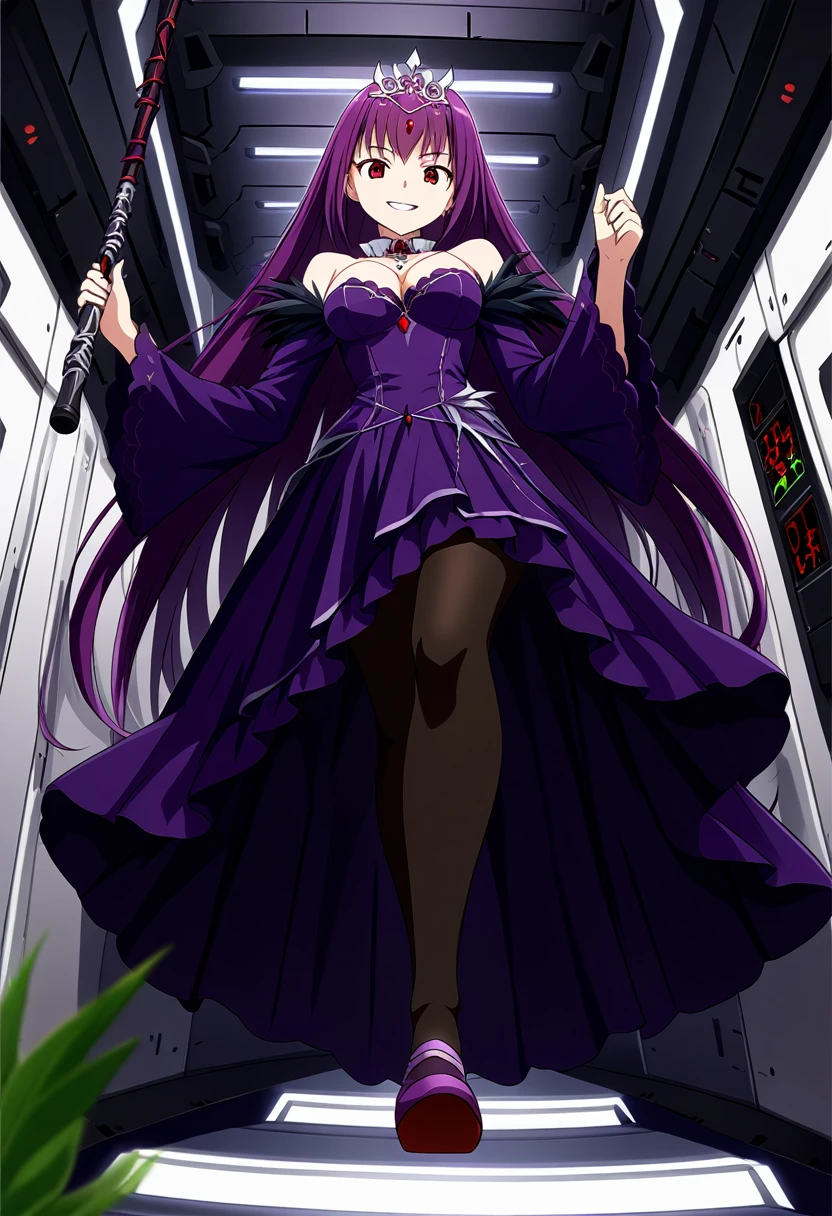 One girl, Long Hair, Purple Hair, Red eyes, Purple Dress, Silver Tiara, Detachable collar, Bare shoulders, Long sleeve, Wide sleeves, Cleavage, Feather ornament, pantyhose, Holding a walking stick, Stepped on, From below, throw, Wicked Smile, Inside the spaceship, White wall, plant, score_9, score_8_superior, score_7_superior, score_6_superior, score_5_superior, score_4_superior, Break Source_anime, masterpiece