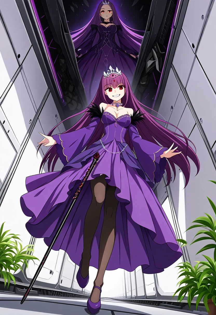 One girl, Long Hair, Purple Hair, Red eyes, Purple Dress, Silver Tiara, Detachable collar, Bare shoulders, Long sleeve, Wide sleeves, Cleavage, Feather ornament, pantyhose, Holding a walking stick, Stepped on, From below, throw, Wicked Smile, Inside the spaceship, White wall, plant, score_9, score_8_superior, score_7_superior, score_6_superior, score_5_superior, score_4_superior, Break Source_anime, masterpiece