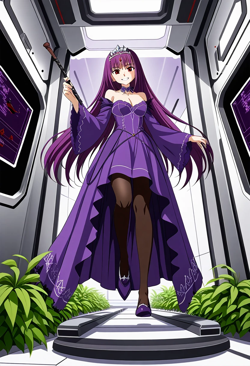 One girl, Long Hair, Purple Hair, Red eyes, Purple Dress, Silver Tiara, Detachable collar, Bare shoulders, Long sleeve, Wide sleeves, Cleavage, Feather ornament, pantyhose, Holding a walking stick, Stepped on, From below, throw, Wicked Smile, Inside the spaceship, White wall, plant, score_9, score_8_superior, score_7_superior, score_6_superior, score_5_superior, score_4_superior, Break Source_anime, masterpiece