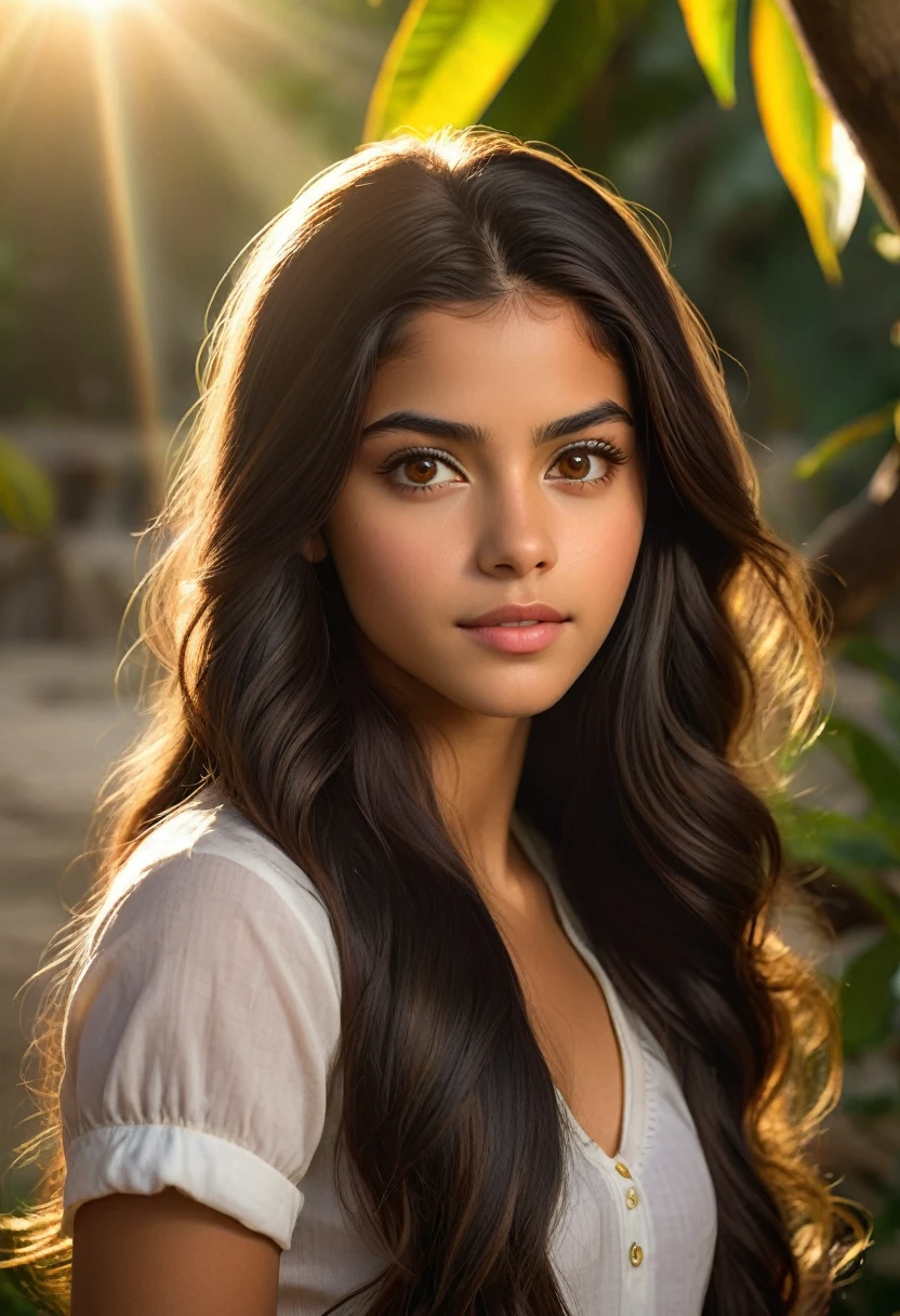 A photorealistic portrait of a 21-year-old colombian girl with long, flowing dark hair and striking dark eyes. She should have a natural, approachable expression and be illuminated by soft, golden-hour sunlight. The background should be a scenic outdoor setting, perhaps a sunlit park or beach. Capture this image with a high-resolution photograph using an 85mm lens for a flattering perspective.sexy