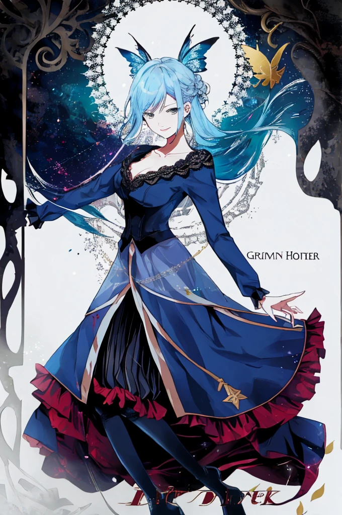 ((best quality)), ((masterpiece)), (detailed), 1girl, Character design, female, dynamic poses, ((long blue hair)), grey white eyes, very skinny, detailed, best quality, no accesoires around the neck, prominent collarbones, skinny arms, full body, blank white background, plain background, white background, ((red and white clothing)), Bloodborne inspired, occult aesthetic, occult, detailed and intricate steampunk and detailed gothic, Very dramatic and cinematic lighting, cosmic horror, grim-dark, side-lighting, perfect face, Fluttering lace flared long knee length dress with frilly petticoats, knee length dress, pleated petticoats, petticoats gothic, complex lace boots, side-lighting, gothic aesthetic, wielding a mighty sword with mechanical components, mandalas, small breasts, a fairy, various different types of insect wings,full body, whole body, white holy clothes,white holy clothes,((evil smile)),(blue hair),she has a big sword in her hand,