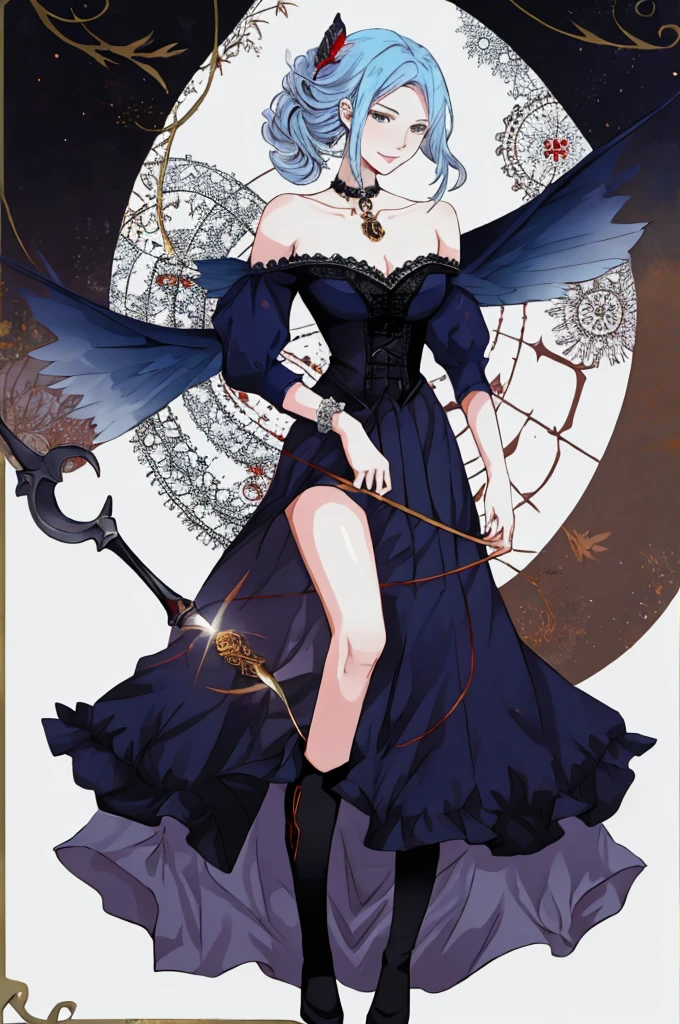 ((best quality)), ((masterpiece)), (detailed), 1girl, Character design, female, dynamic poses, ((long blue hair)), grey white eyes, very skinny, detailed, best quality, no accesoires around the neck, prominent collarbones, skinny arms, full body, blank white background, plain background, white background, ((red and white clothing)), Bloodborne inspired, occult aesthetic, occult, detailed and intricate steampunk and detailed gothic, Very dramatic and cinematic lighting, cosmic horror, grim-dark, side-lighting, perfect face, Fluttering lace flared long knee length dress with frilly petticoats, knee length dress, pleated petticoats, petticoats gothic, complex lace boots, side-lighting, gothic aesthetic, wielding a mighty sword with mechanical components, mandalas, small breasts, a fairy, various different types of insect wings,full body, whole body, white holy clothes,white holy clothes,((evil smile)),(blue hair),she has a big sword in her hand,