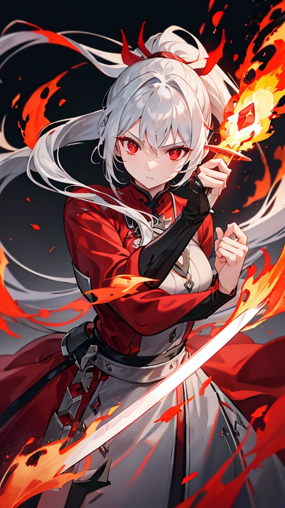 Gray Hair、Long Ponytail、Sharp Eyes、Red eyes、Dark red dress、One-handed sword、flame、Burning place、4K、high resolution、masterpiece