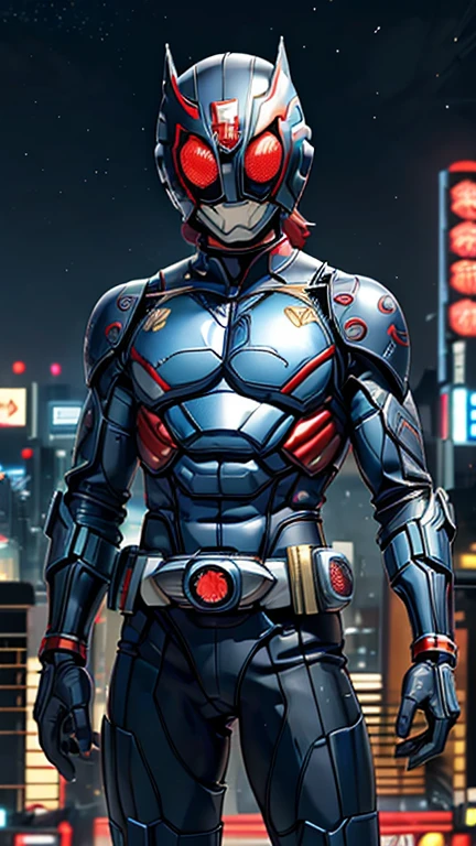 (8k),(masterpiece),(Japanese),(8-year-old boy),((innocent look)),((Childish)),From the front,smile,cute,Innocent,Kind eyes,Flat chest, red helmet,blue domino mask, Wonder Woman, short,Black Hair,Strong wind,night,dark, Neon light cyberpunk city,Kamen rider,camisa