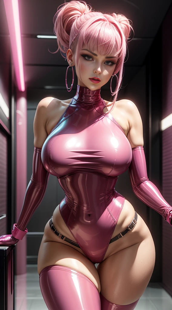 pink dominatrix concept, portrait picture Unreal Engine 5 8K UHD of beautiful female, full pink latex, straight blunt bangs hair, pink tight latex , earrings, pink latex body straps, pink latex long sock, pink latex long glove, futuristic design, beautiful make up, best quality, masterpiece, breasts