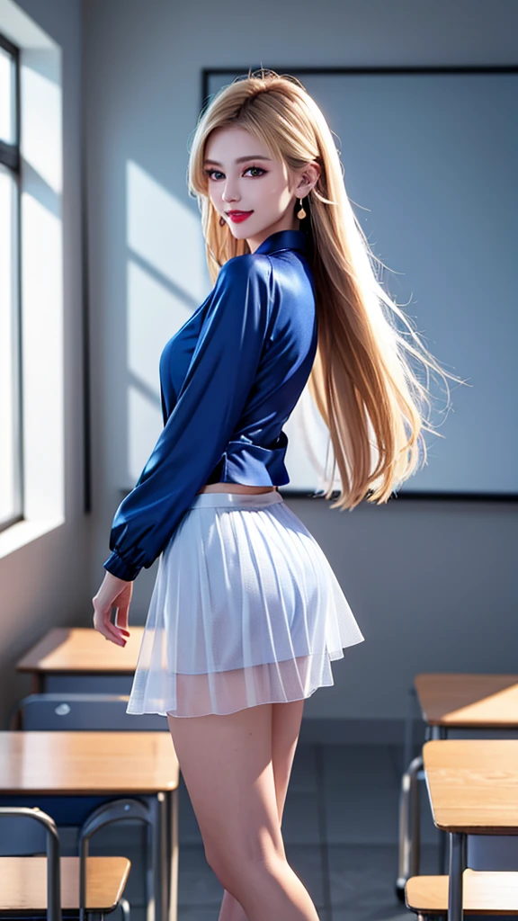 (legs open on classroom chair)), Female Teacher v6, Necklace, Earrings, Full Body V6, Long Gray Hair, Translucent Clothes, Look, Superb, Ultra High Definition, RAW Photography, Realism 1.25), (Bright Lip Gloss, Long Eyelashes, Smooth) Face, Light Bright, Natural Shadows, Wide Light, Wide Light, Depth of Field, Intense Colors, Subtle Caustics: 0.8), Smile, (Big), v6, There are windows showing different buildings in the city (absurdity, high resolution, super detail), smile, (big), v6 ((Adriaan Honnig))) girl with blonde hair and blue eyes, beautiful, thin, y pose, back figure, gaze is windowside, ((dark blue jacket front opening, white sheer blouse, white sheer flared skirt))