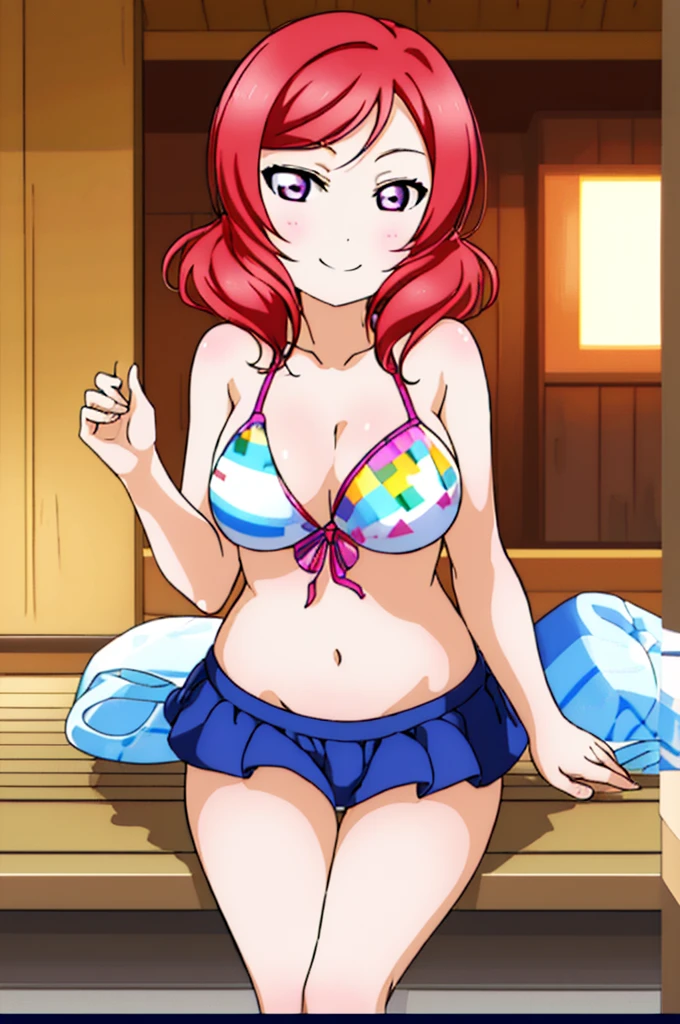 (((pixel-perfect, detail-perfect))), solo, 1girl, maki nishikino, smile, sauna, bikini, armpit, large extreme filesize, ultra High Qality