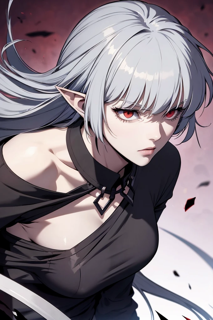 Alice is a gray haired vampire, long hair, Red eyes, Pointy ears, Small collar shirt, Black shirt, Bare shoulders, Separate sleeves, pants

