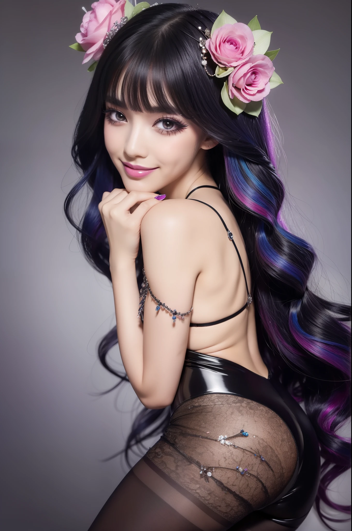 Sexy Spanish model who controls poison、beautiful smile、lipgloss、long lashes、gothic makeup、defined eyebrows、look at the camera、full body Esbian、、sparkling poisoned flower costume、、、、sparkling Colorful hair、secrete poison、skull hair accessories schnet tights、shiny sparkling flowers background