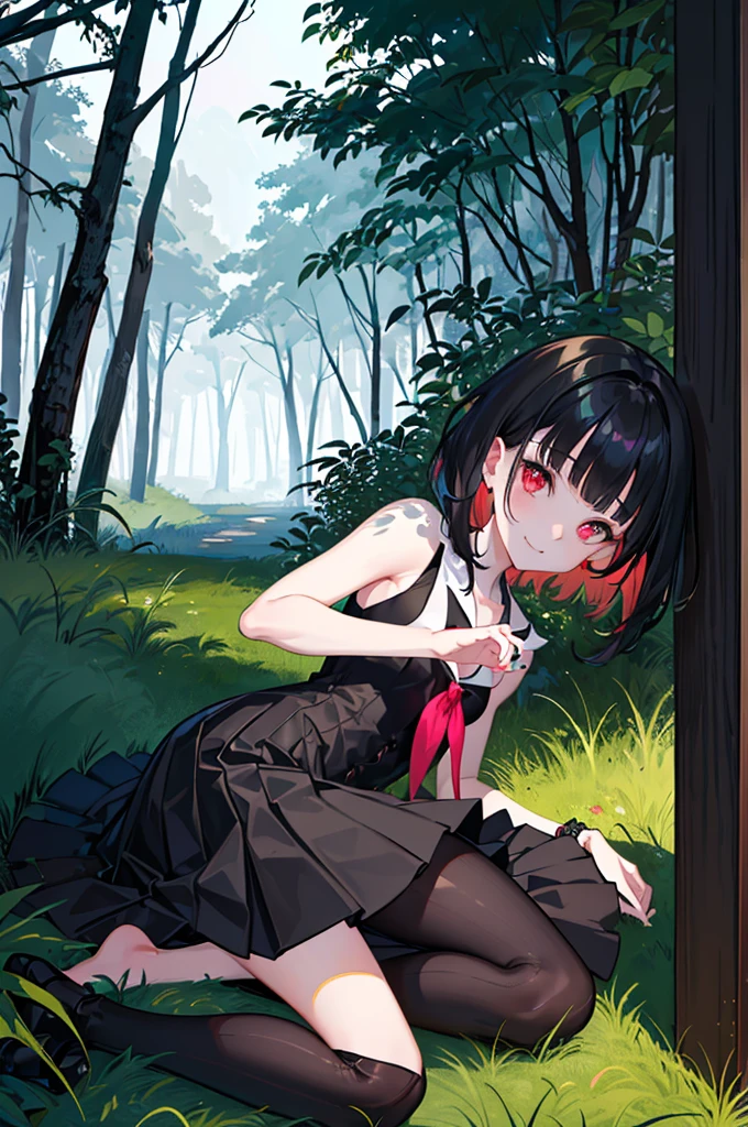 ((forest background)),original,(illustration:1.1),(best quality),(masterpiece:1.1),(extremely detailed CG unity 8k wallpaper:1.1), (colorful:0.9),(mid shot:0.95),(highly detailed beautiful face and body),(solo:1.2), (girl),(), (detailed beautiful eyes:1.15), (beautiful face:1.15), (glowing red eyes:1.25////),((jewel-like eyes)),(petite),(cute girl),(((black medium hair))),pink inner color,((blunt bangs,)),(+perfect hand+:1.21),(Religious),(slender),(black clothes),small breasts,miniskirt,slim body,(smile),fashion,tokyo,harajuku,(black school uniform),deep forest background,