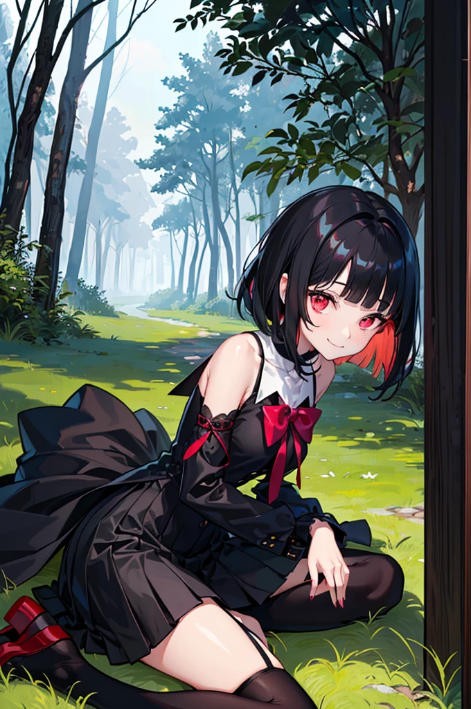 ((forest background)),original,(illustration:1.1),(best quality),(masterpiece:1.1),(extremely detailed CG unity 8k wallpaper:1.1), (colorful:0.9),(mid shot:0.95),(highly detailed beautiful face and body),(solo:1.2), (girl),(), (detailed beautiful eyes:1.15), (beautiful face:1.15), (glowing red eyes:1.25////),((jewel-like eyes)),(petite),(cute girl),(((black medium hair))),pink inner color,((blunt bangs,)),(+perfect hand+:1.21),(Religious),(slender),(black clothes),small breasts,miniskirt,slim body,(smile),fashion,tokyo,harajuku,(black school uniform),deep forest background,
