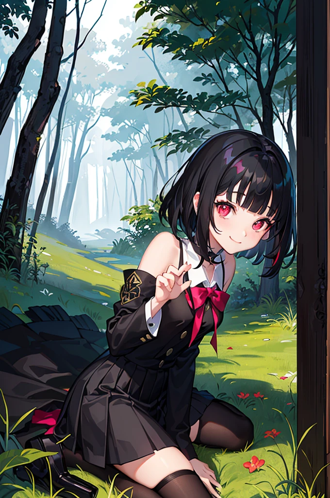 ((forest background)),original,(illustration:1.1),(best quality),(masterpiece:1.1),(extremely detailed CG unity 8k wallpaper:1.1), (colorful:0.9),(mid shot:0.95),(highly detailed beautiful face and body),(solo:1.2), (girl),(loli), (detailed beautiful eyes:1.15), (beautiful face:1.15), (glowing red eyes:1.25////),((jewel-like eyes)),(petite),(cute girl),(((black medium hair))),pink inner color,((blunt bangs,)),(+perfect hand+:1.21),(Religious),(slender),(black clothes),small breasts,miniskirt,slim body,(smile),fashion,tokyo,harajuku,(black school uniform),deep forest background,