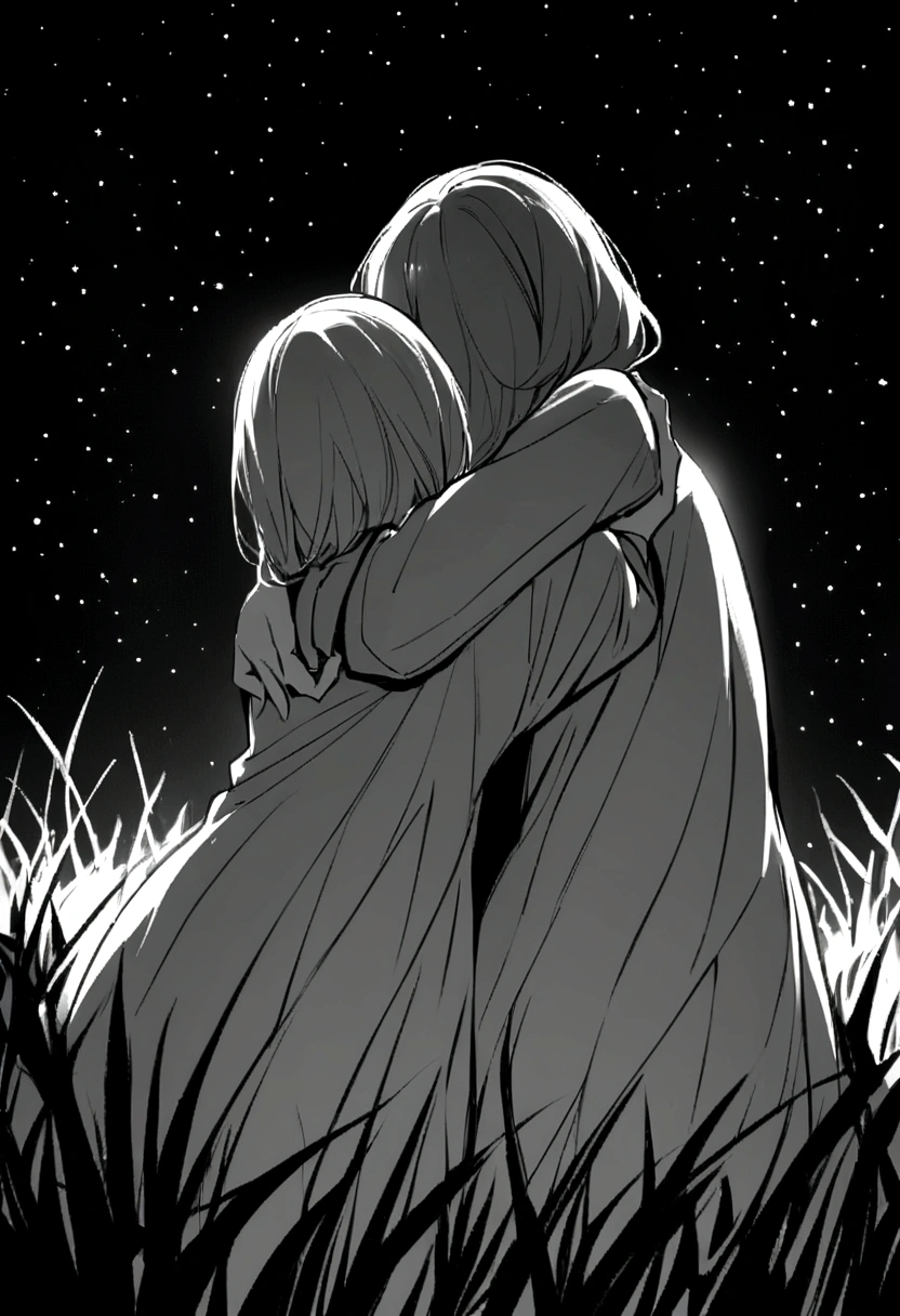 Black and white image of two girls with their backs on the grass hugging each other and looking at the stars 