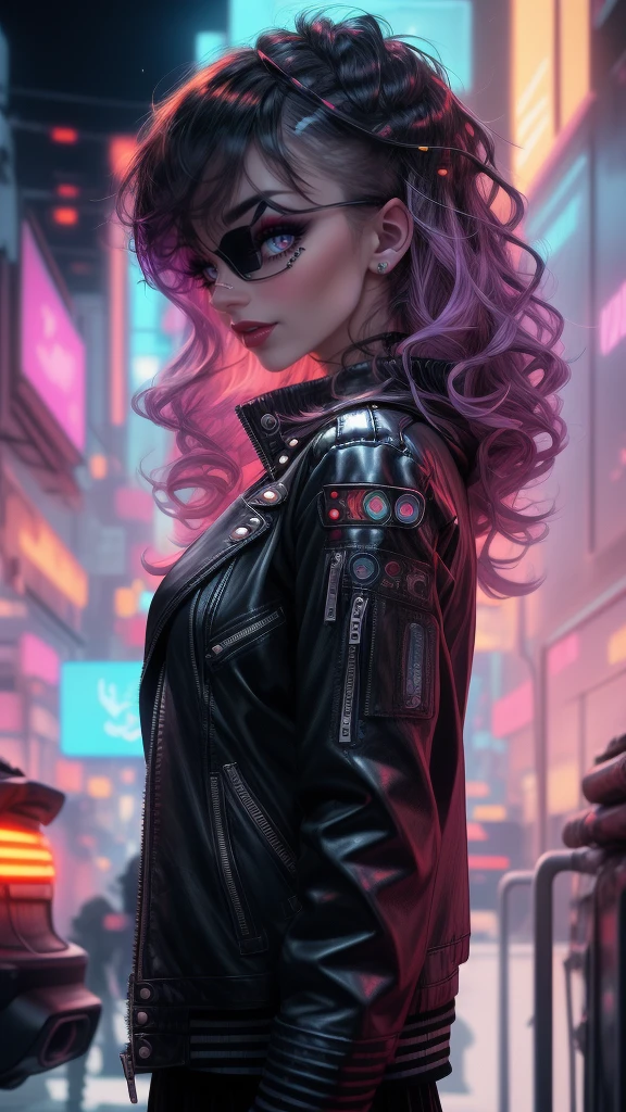 Wearing a black leather jacket、Portrait of anime girl wearing black round sunglasses, dark cyberpunk illustration, Cyberpunk atmosphere, Cyberpunk Anime Art, Cyberpunk art style, Anime Cyberpunk Art, New black style, Modern Cyberpunk Anime, Cyberpunk style, female Cyberpunk anime girl, 《Neuromancer》Molly, Cyberpunk anime girl, Beating Technology. New black style, digital Cyberpunk Anime Art