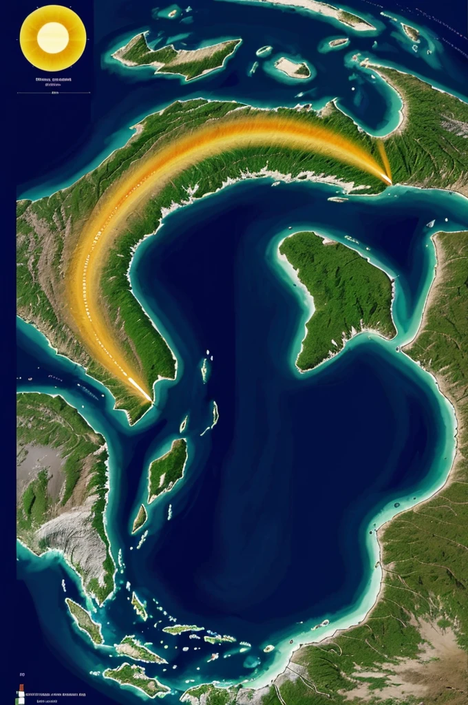 Generate an image that represents the equatorial line with geographical reference and biodiversity. The image must include a map showing the location of the equator in Peru, examples of flora and fauna characteristic of equatorial regions such as tropical plants and animals adapted to the warm climate, geographical elements that show the direct incidence of solar rays and the tropical climate, and bright colors that highlight the biological and climatic diversity of equatorial areas.