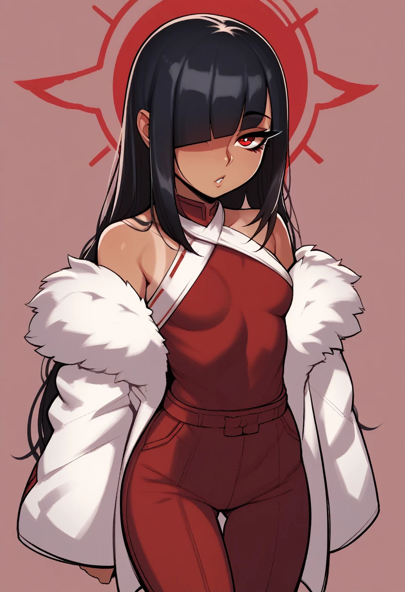 score_9, score_8_up, score_7_up, score_6_up, score_5_up, score_4_up, BREAK 1girl, black hair, tanned, loose hair, swept bangs, red eyes, long eyelashes, seductive expression, blunt bangs, short, BREAK solo, small breasts, skinny, arched back, thigh gap, shrine maiden, fur coat, innocent, lovely, adorable, long hair, hair covering one eye, dark mage, fully clothed, hibakama pants