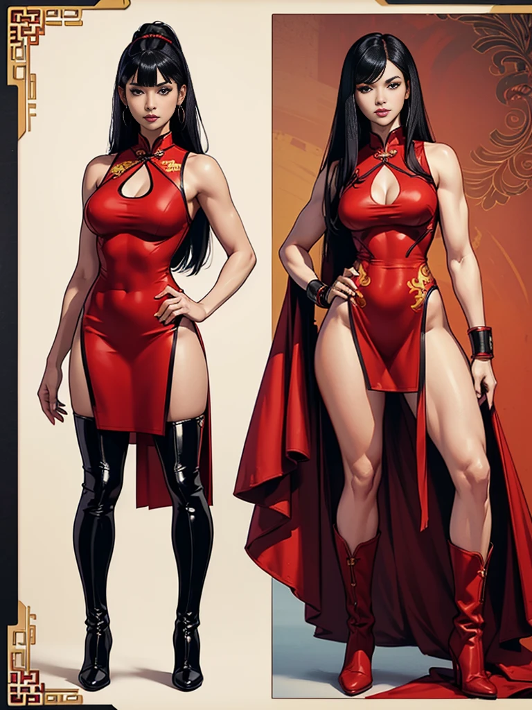((best quality)), ((4k)), ((highres)), ((masterpiece:1.2)). ((detailed)), ((ultra realistic)), ((intricate details)), ((full body picture)), ((character design sheet)), full body picture of a beautifull chinese female, asian woman, pale skin, chinese princess, perfect face, fierce and confident expression on her face, detailed eyes, detailed lips, 30 years old, about 5'7 tall, long straight black hair down to her hips, ((emphasis long straight black hair down to her hips)), hair bangs, ((emphasis on her hair bangs)), pretty, feminine woman, toned body but not too muscular looking, dressed in a red cheongsam sleeveless backless high slit legs, ((emphasis on the red cheongsam sleeveless backless high slit legs)), ((emphasis on her cheongsam being RED)), ((her cheongsam is RED)), showing cleavage, she's wearing black skin-tight high boots, ((emphasis on black skin-tight high boots))metal cuff black bracelet bangle with gold adornaments, fighting game character concept art, tekken character design, the king of fighters character concept, full bofy, full body concept art, full body art