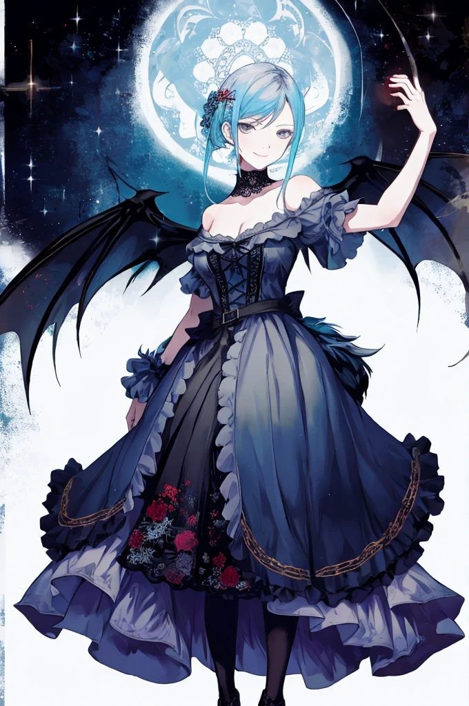 ((best quality)), ((masterpiece)), (detailed), 1girl, Character design, female, dynamic poses, ((long blue hair)), grey white eyes, very skinny, detailed, best quality, no accesoires around the neck, prominent collarbones, skinny arms, full body, blank white background, plain background, white background, ((red and white clothing)), Bloodborne inspired, occult aesthetic, occult, detailed and intricate steampunk and detailed gothic, Very dramatic and cinematic lighting, cosmic horror, grim-dark, side-lighting, perfect face, Fluttering lace flared long knee length dress with frilly petticoats, knee length dress, pleated petticoats, petticoats gothic, complex lace boots, side-lighting, gothic aesthetic, wielding a mighty sword with mechanical components, mandalas, small breasts, a fairy, various different types of insect wings,full body, whole body, white holy clothes,white holy clothes,((evil smile)),(blue hair),she has a big sword in her hand,