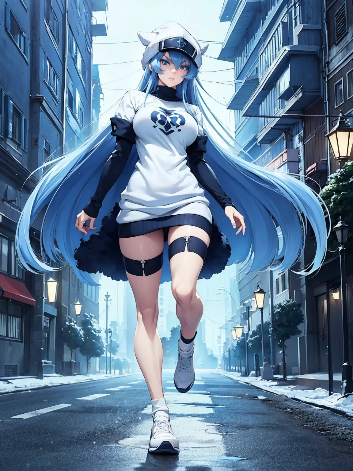 (artwork, best quality) a girl with long blue hair, blue eyes, blue eyelashes, tattoo, big breasts, white sweatshirt with a fuzzy hat, (full body), walking, upset, on a street in Russia, snowing heavily, at night