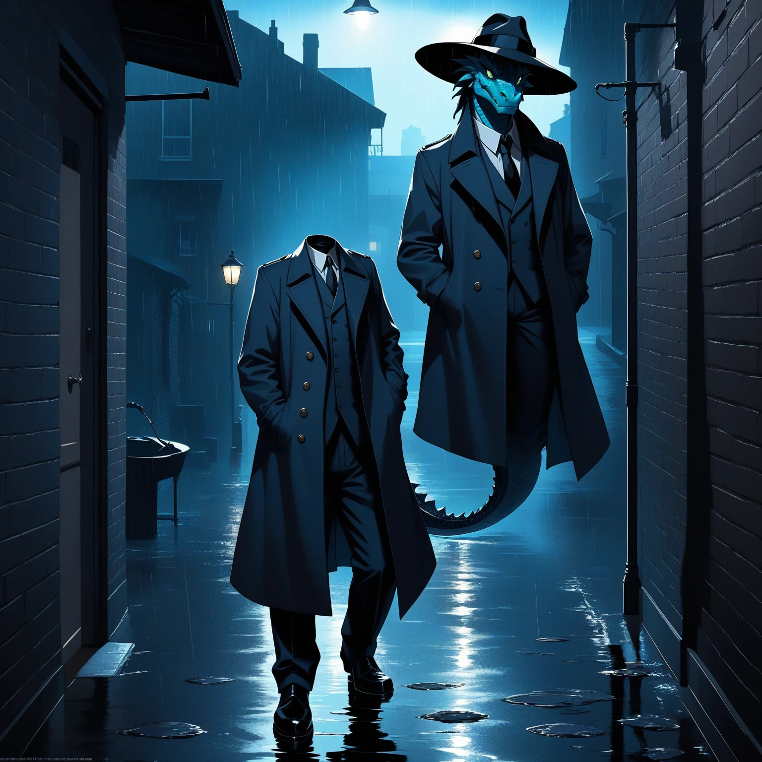 Cyan anthro dragon detective, in a trenchcoat and in a hat, with a smoldering cigar Standing in a shadows of an alley in rain, Dragon tail,. Detective trenchcoat, Smoldering sigar, Trilby hat, Realistic eyes, Realistic background, Noir style, Comic style, Shadows, Brick wall, Puddles, Light Rain, silhouette reflected in a puddle, cinematic lighting, masterpiece,official art,human nature,male,(dragon:1.2),Blue-cyan，young，no beard, depth of field, perfect lighting, light particles,(La best quality), (super detailed),sharp focus, best quality, in school, Detailed background, cover page, highres, top quality, best quality, paid reward available, unparalleled masterpiece, perfect artwork, absurdres, High-quality illustrations, super high resolution, detailed background, Negative alerts: prone to negative emotions, boring_e621_fisherman_V4, Bad Hand 5, Malformed EV6, 