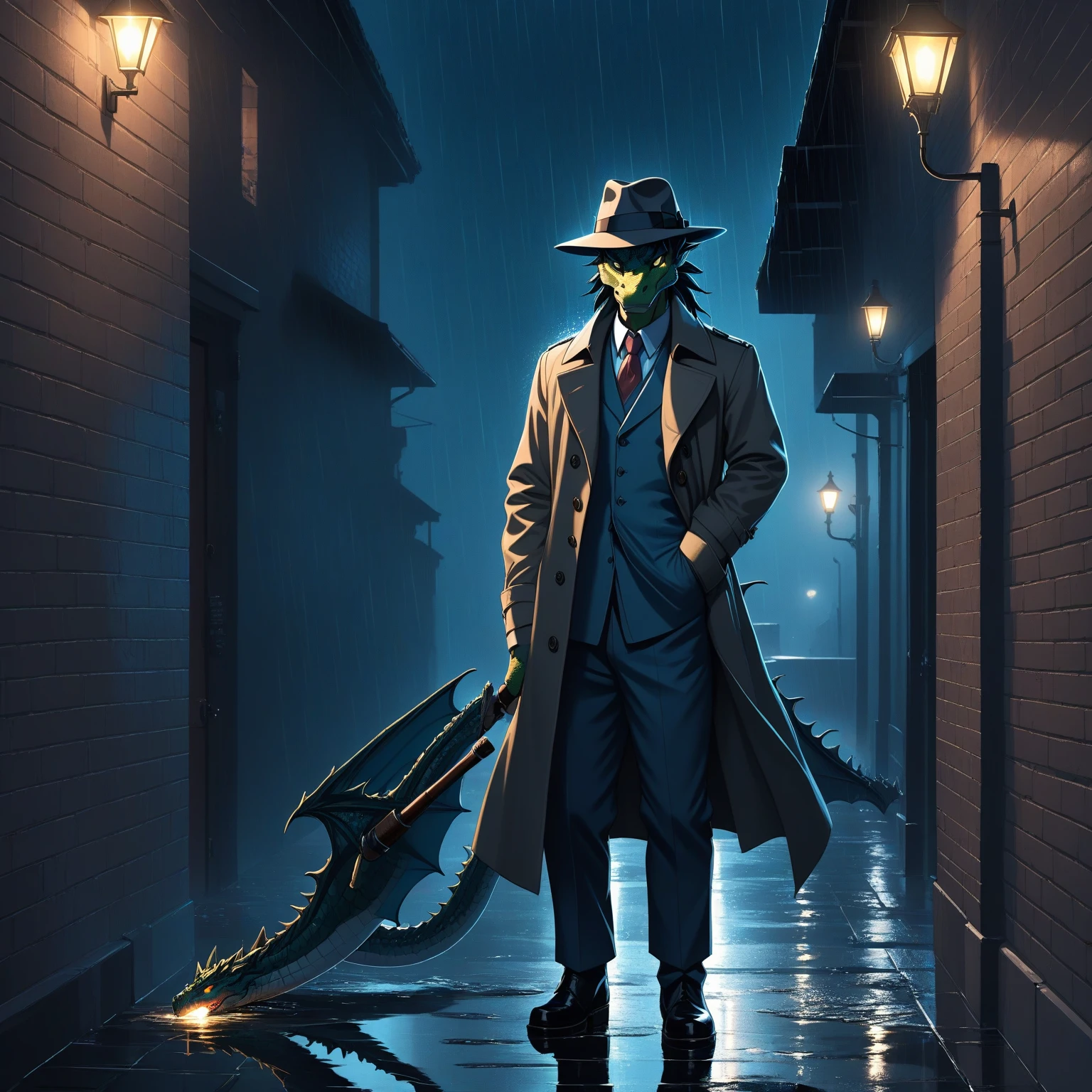 Cyan anthro dragon detective, in a trenchcoat and in a hat, with a smoldering cigar Standing in a shadows of an alley in rain, Dragon tail,. Detective trenchcoat, Smoldering sigar, Trilby hat, Realistic eyes, Realistic background, Noir style, Comic style, Shadows, Brick wall, Puddles, Light Rain, silhouette reflected in a puddle, cinematic lighting, masterpiece,official art,human nature,male,(dragon:1.2),Blue-cyan,young,no beard, depth of field, perfect lighting, light particles,(La best quality), (super detailed),sharp focus, best quality, in school, Detailed background, cover page, highres, top quality, best quality, paid reward available, unparalleled masterpiece, perfect artwork, absurdres, High-quality illustrations, super high resolution, detailed background, Negative alerts: prone to negative emotions, boring_e621_fisherman_V4, Bad Hand 5, Malformed EV6,