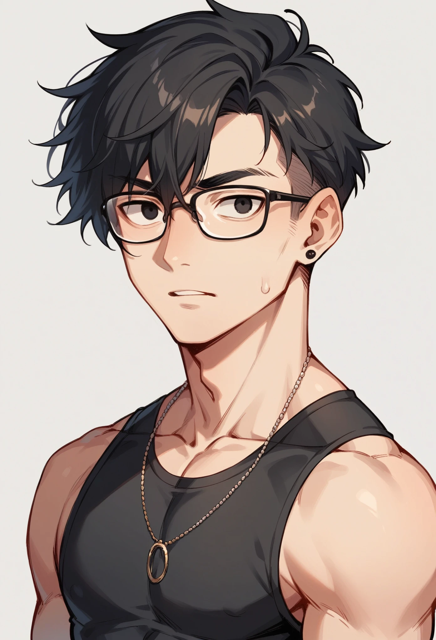 a boy; with black eyes, with glasses ,cut hair. bare chested .