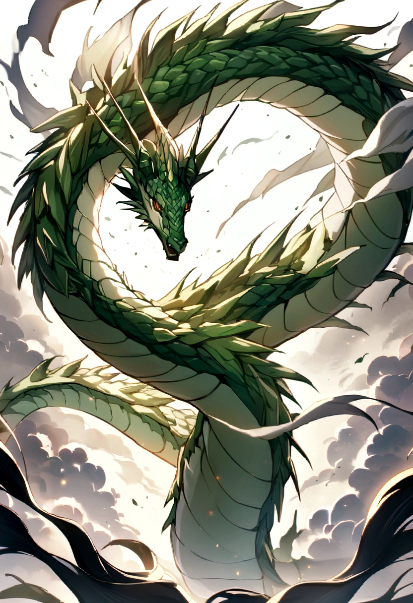 flag、masterpiece、(White background:1)、A green Japanese dragon surrounded by white clouds、god々々Halo、Wind、god々、Long undulating body、overbite、Upper body、Fantastic、god話、high quality、Very detailed、masterpiece、amazing、Particle Effects、Dynamic Effects