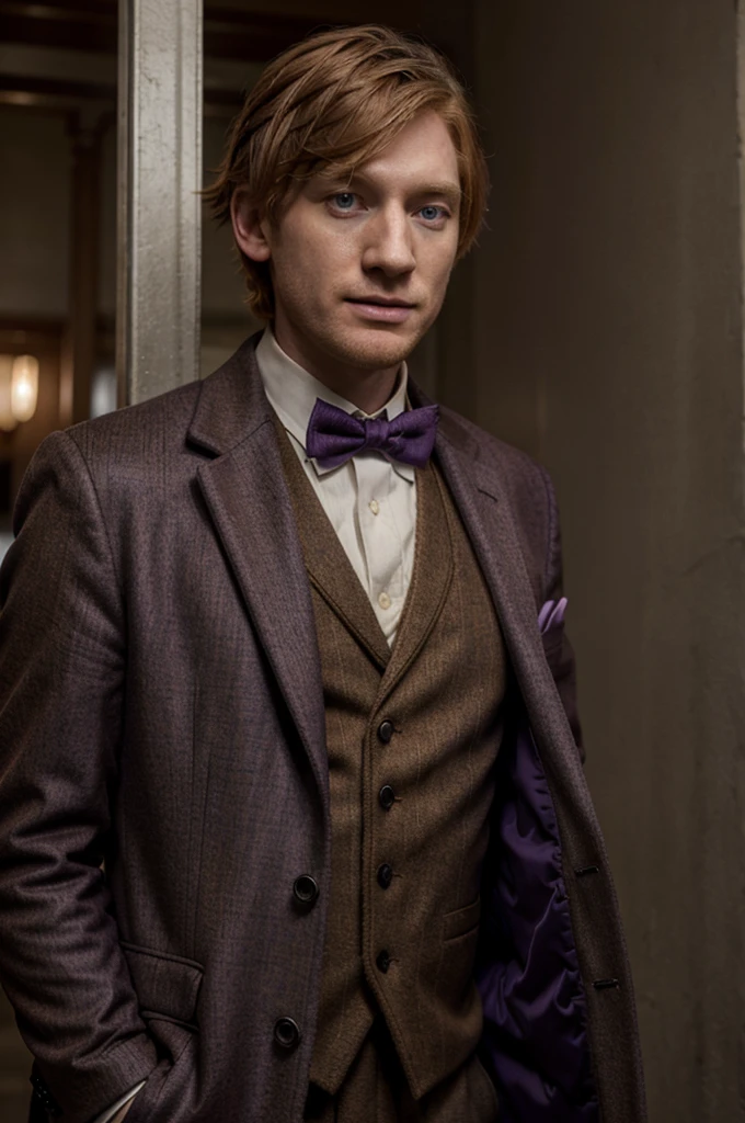 Domhnall Gleeson, purple overcoat, brown suit vest, bow tie