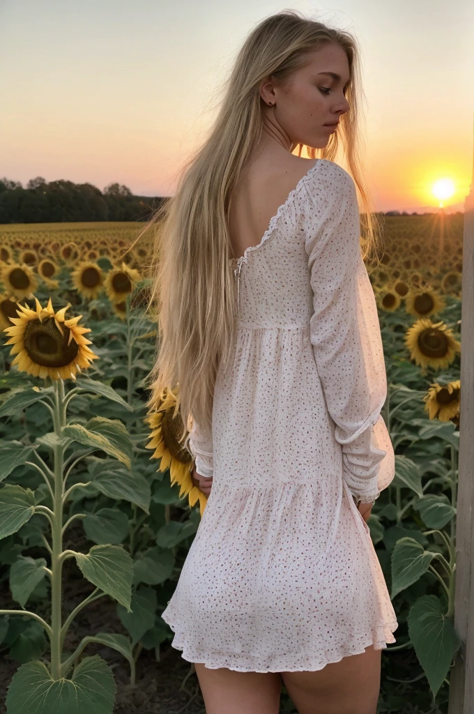 A 18-year-old blonde woman, ((hiperrealismo))textured skin, goosebumps, perfect eyes. Blonde hair with light brown roots. cabello rubio, Hair with brown roots, extra long hair, really long hair. photo taken with iPhone, Porta 160 color. Provocative pose. Skinny small girl. Sunflowers field background, but sunflowers. Wearing pretty white nightgown, wearing white nightgown, long sleeves. Back view of the body and head, as she watches the pink sunset. BACK VIEW. Pulling dress up (showing butt), bending over