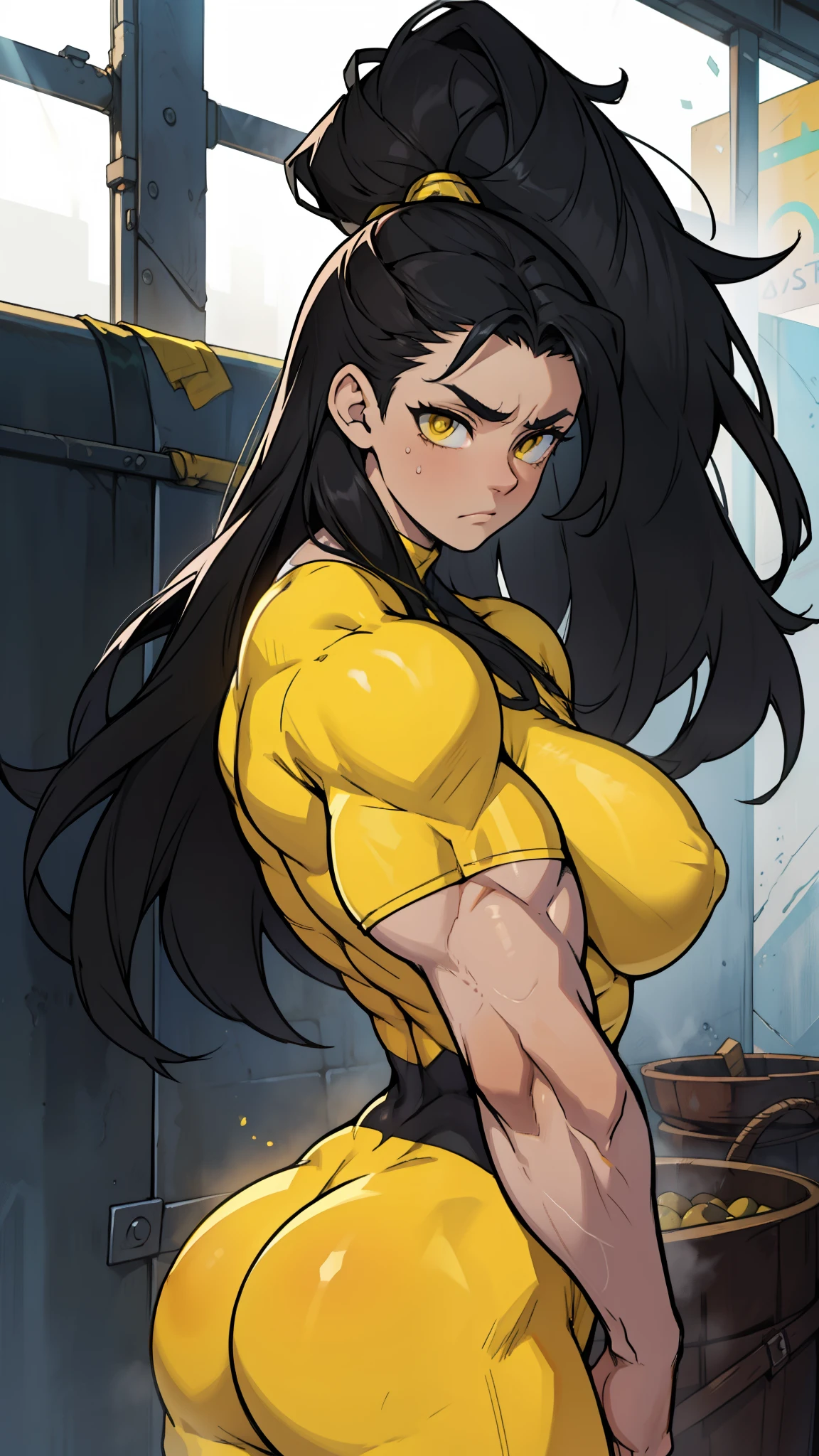 massive hair huge tits giant muscles expressionless sad girl black hair long hair yellow eyes pale skin extremely thick solo solo