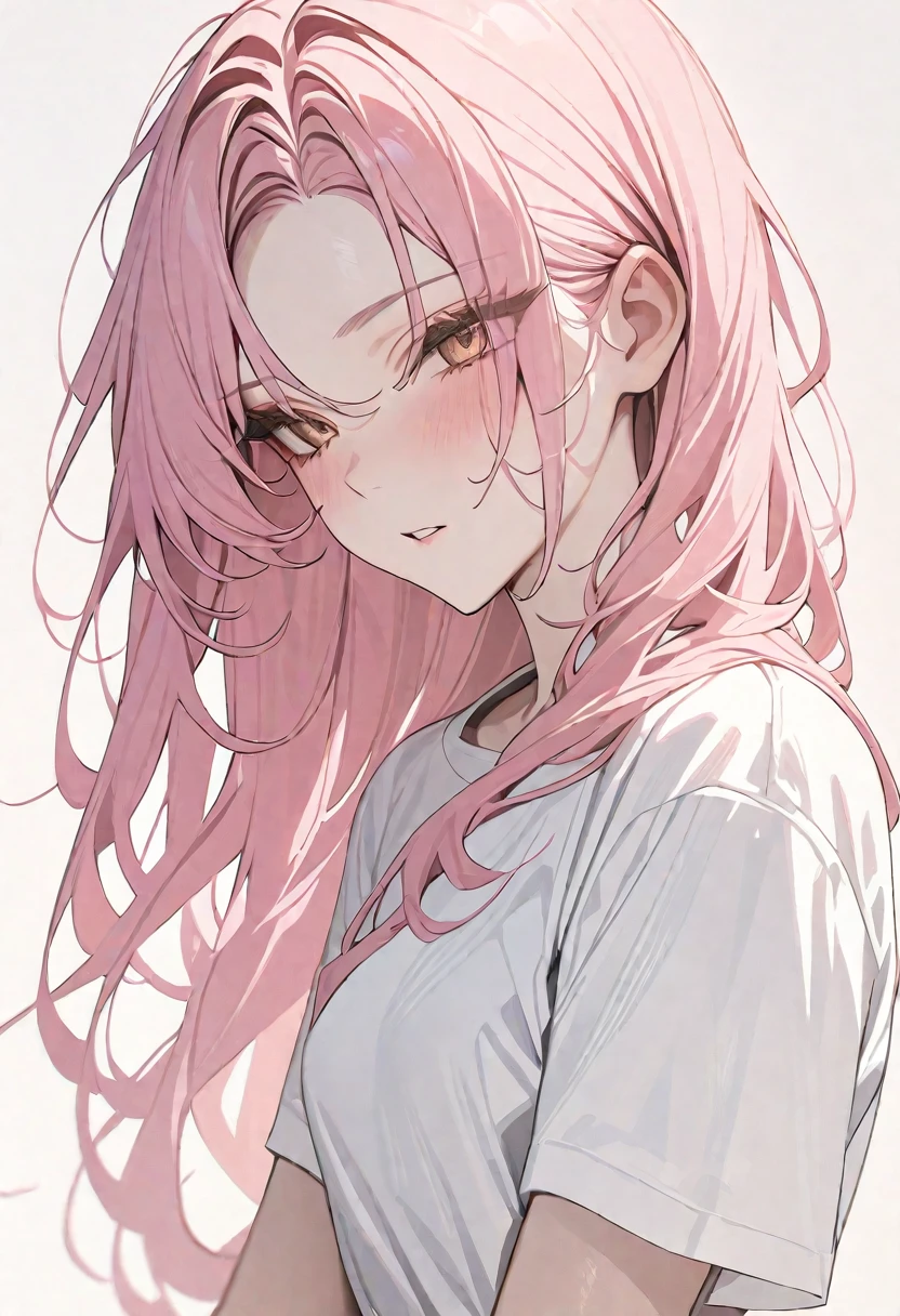 (masterpiece, highest quality,:1.2), One girl, (alone:1.3), Upper Body, pink hair,long hair,オフショルダー ,White shirt, Short sleeve, , ( Best aesthetics, new, newest, highest quality, masterpiece:1.2), soft_Lighting, soft_skin_tone, woman_hair, (虹 ,泡 ,White Background, Simple Background,:1.2),
