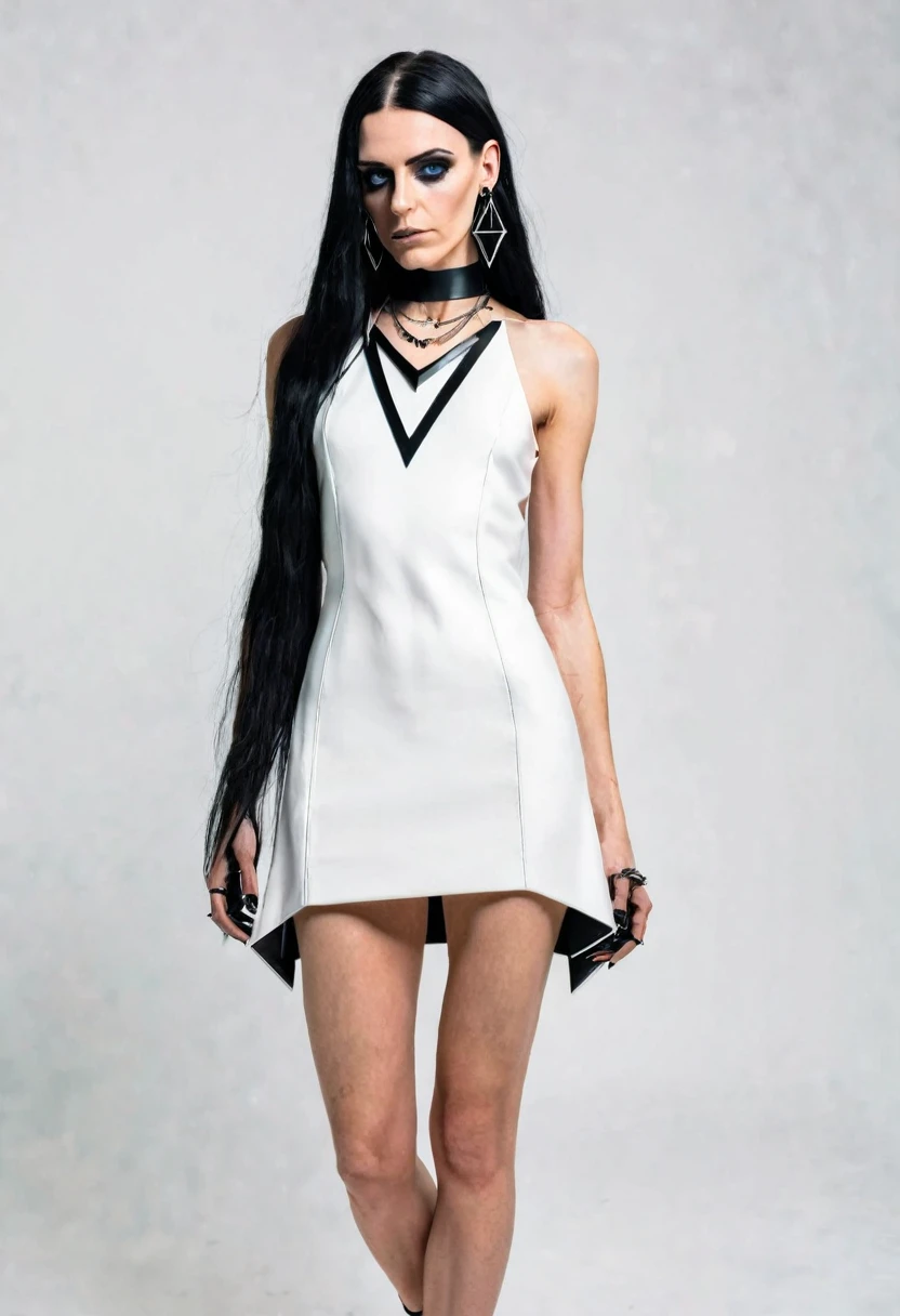 SLIM 35 years old woman, , small ass, black long hair, wearing MINIMAL WHITE cyberpunk MINIDRESS with triangular forms, in a white background, black nails, triangular necklace, triangular earrings, 