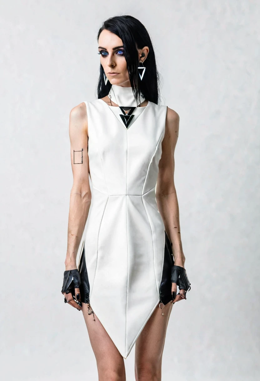 SLIM 35 years old woman, , small ass, black long hair, wearing MINIMAL WHITE cyberpunk MINIDRESS with triangular forms, in a white background, black nails, triangular necklace, triangular earrings,