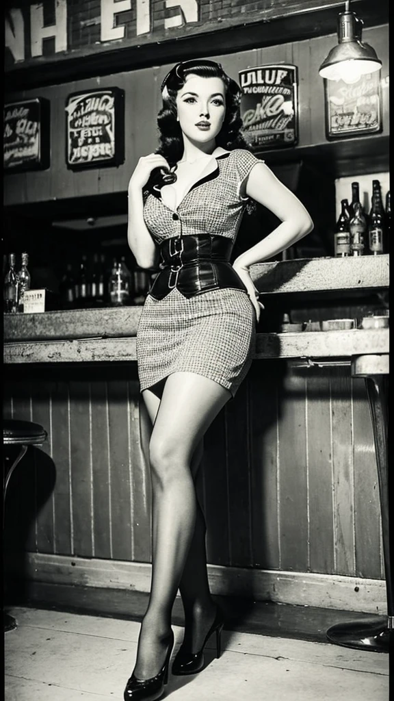 Impressive wartime pin-up girl images, Dressed in retro costumes, Pose gracefully in a nostalgic 1940s bar. Black and white images add a vintage feel to the scene, Capturing the essence of iconic pin-up art and vintage aesthetics of the time.